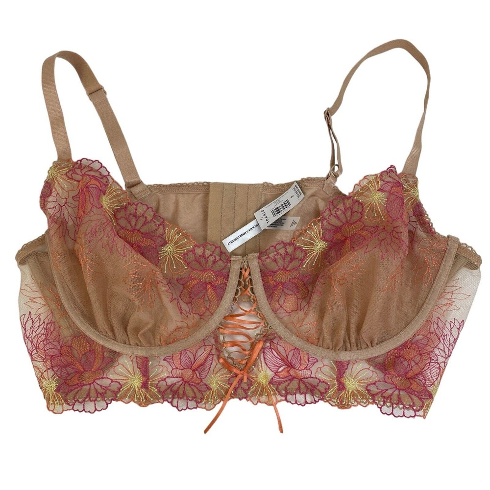 Torrid Curve Bra Size 2 Nude Pink Unlined Underwire Floral Mesh Sheer Womens